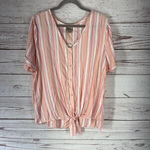Como Vintage New Women's Pink Striped Front Tie Short Sleeve Top Size XL.
